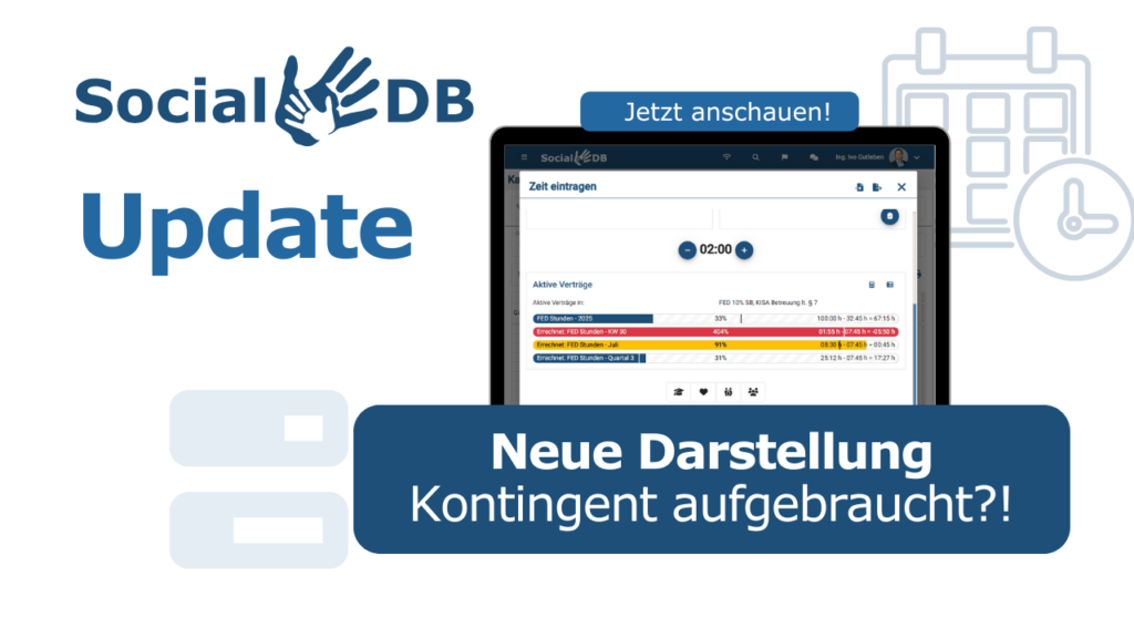Screenshot der neuen Kontingentübersicht in SocialDB mit farblicher Anzeige zur Verfügbarkeit und Verbrauch von Stundenkontingenten.